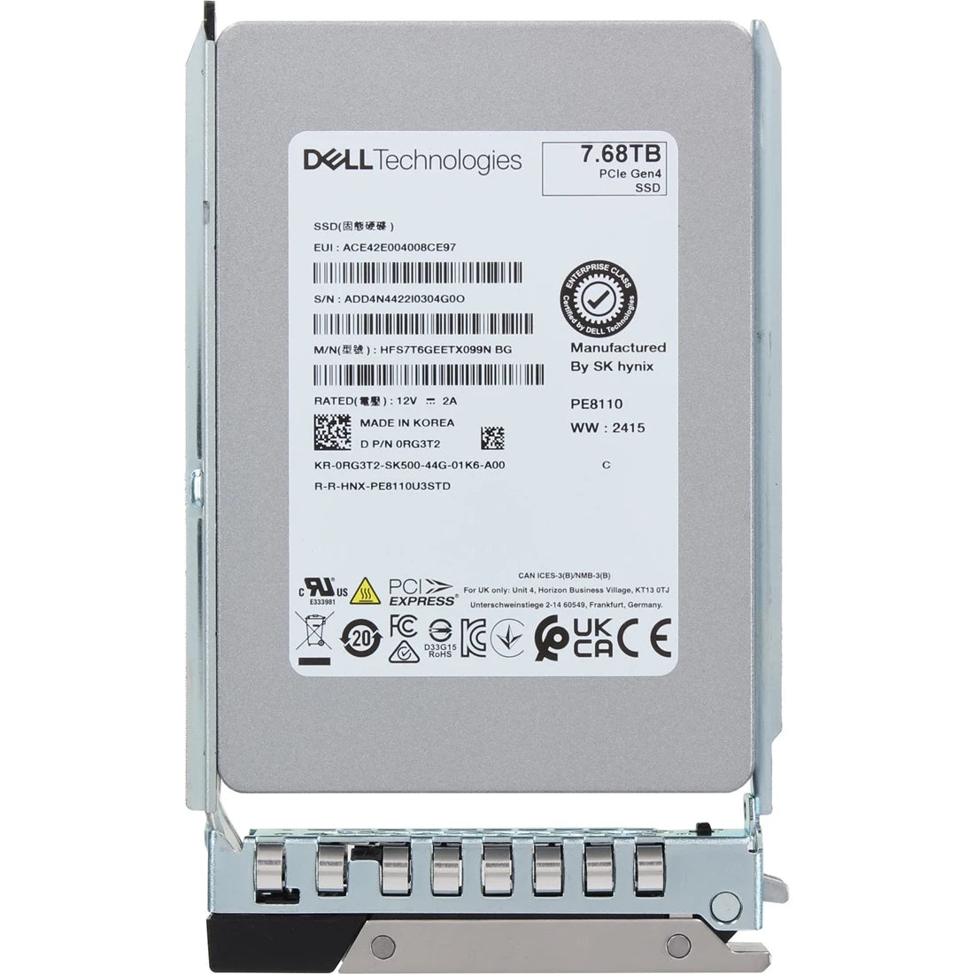 戴爾 RG3T2 7.68Tb PCIe Gen4 NVMe U.2 2.5 吋讀取密集型 SSD |用過的