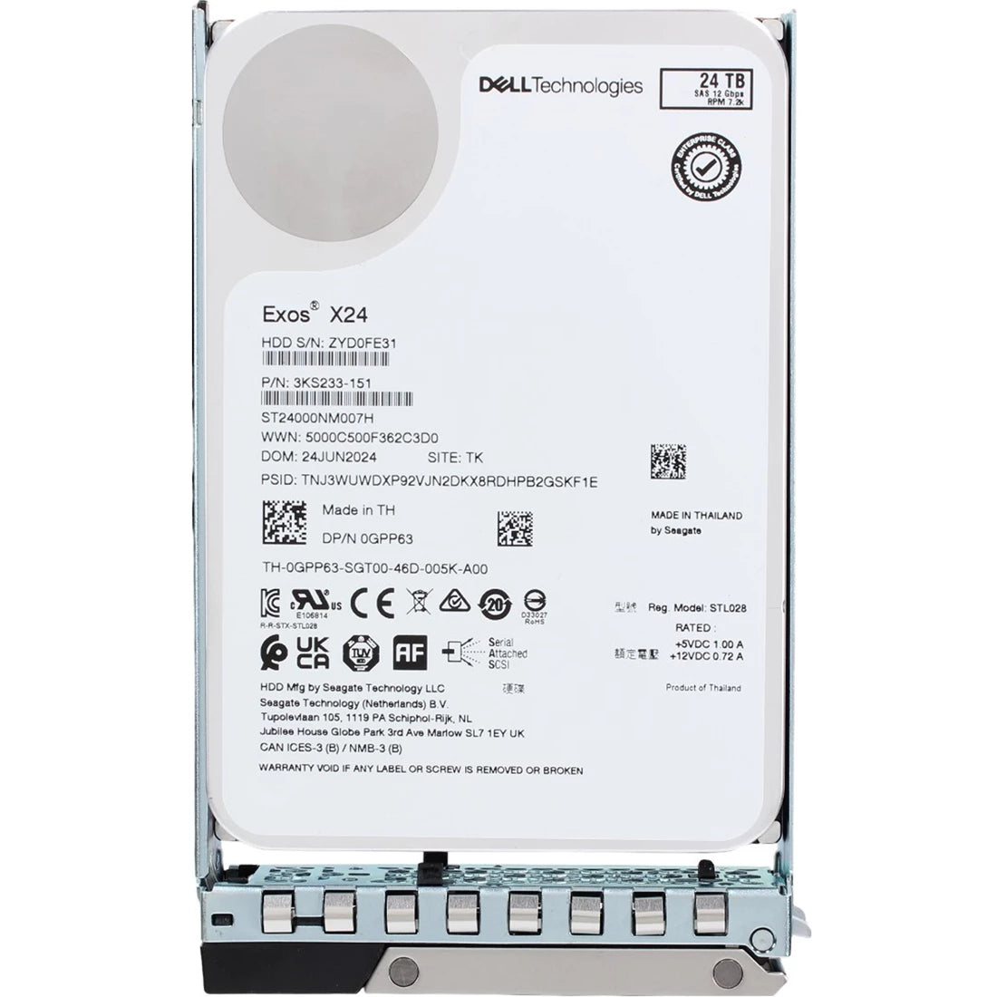 Dell GPP63 24TB 7.2K SAS-12Gbps 512e 512MB 3.5inch Hot-Plug Hard Drive With Tray | USED Main image