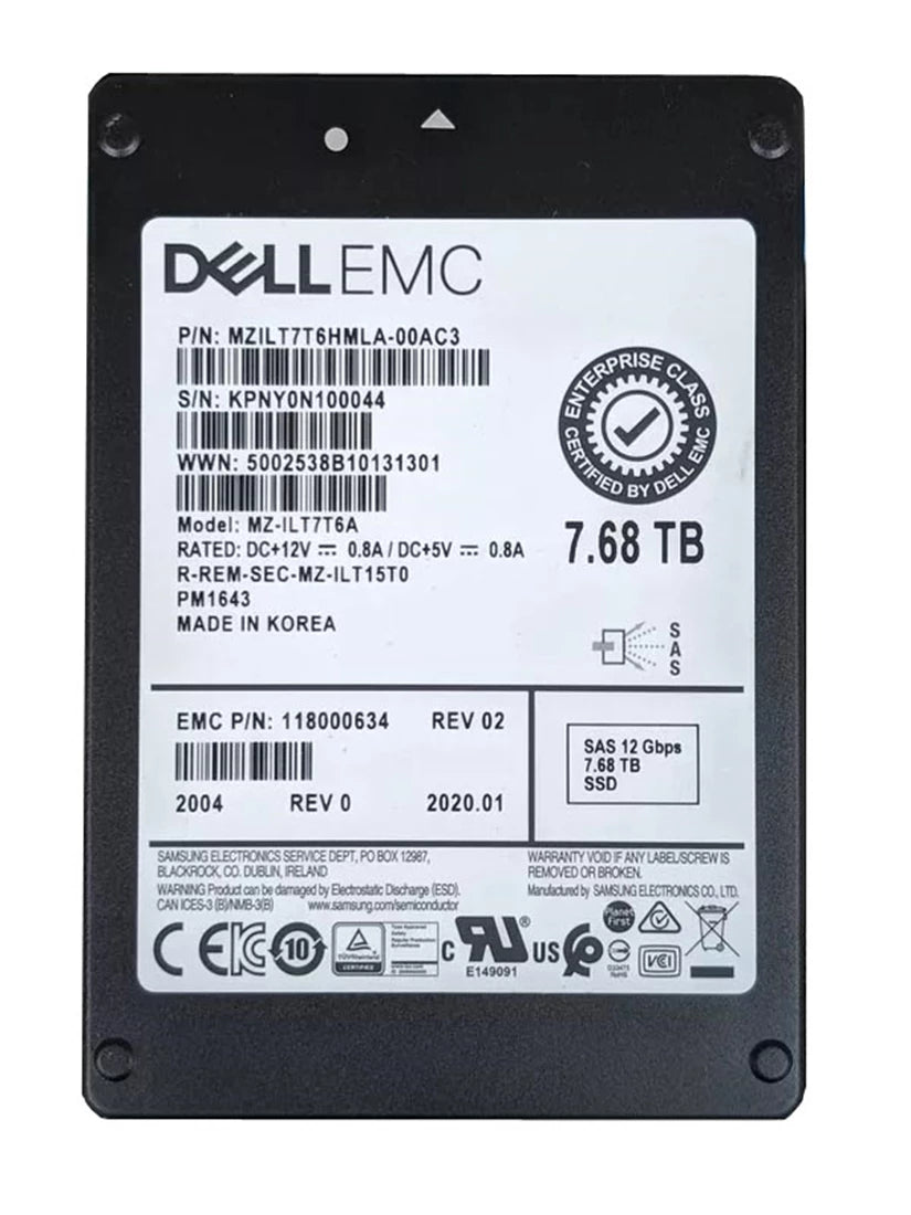 三星 PM1643 MZ-IL7T76A SSD 7.68 TB SAS 12Gb/s EMC OEM |用过的