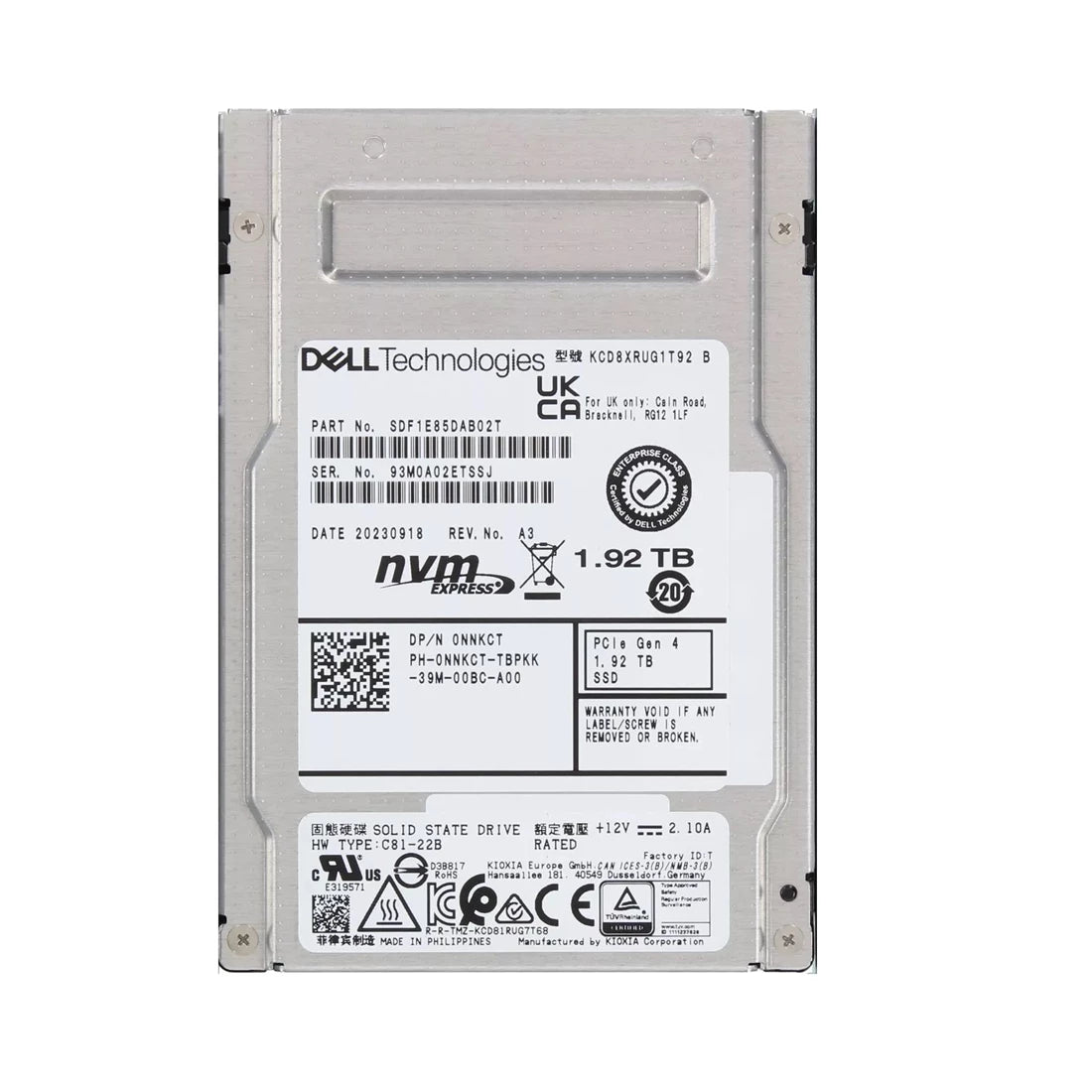 Kioxia KCD8 RUG1T92 1.92TB 読み取り集中型 PCIe 4.0 X4 SIE 2.5 インチ SSD Dell OEM |使用済み
