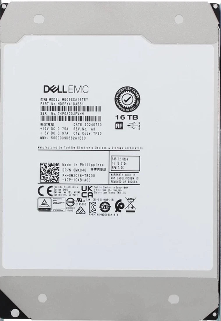 Refurbished | Toshiba HDEPY41DAB51 16TB 7.2K SAS-12Gbps 512e SIE 3.5inch HDD Dell OEM Refurbished