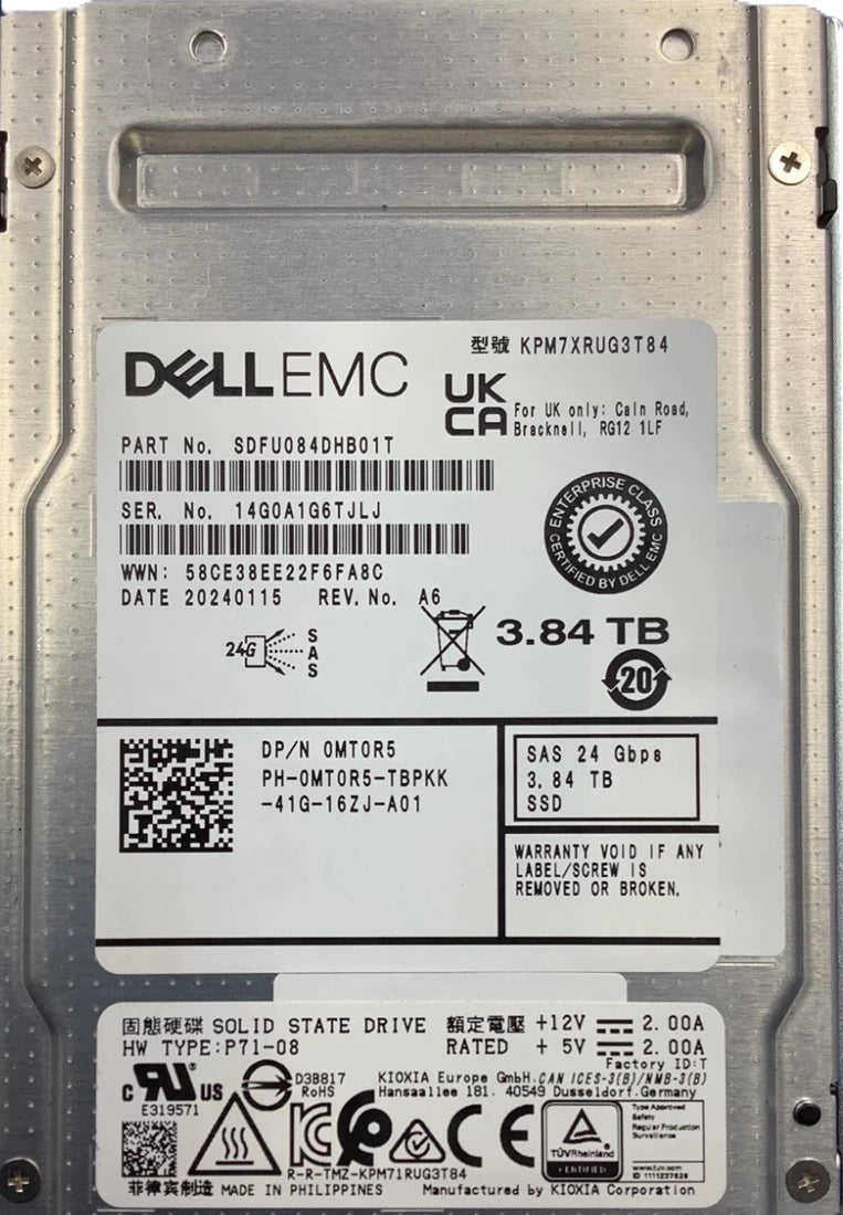 Kioxia KPM7XRUG3T84 PM7-R 系列 3.84TB SAS 24Gb/s SIE 2.5 吋內建 SSD 戴爾 OEM |用過的