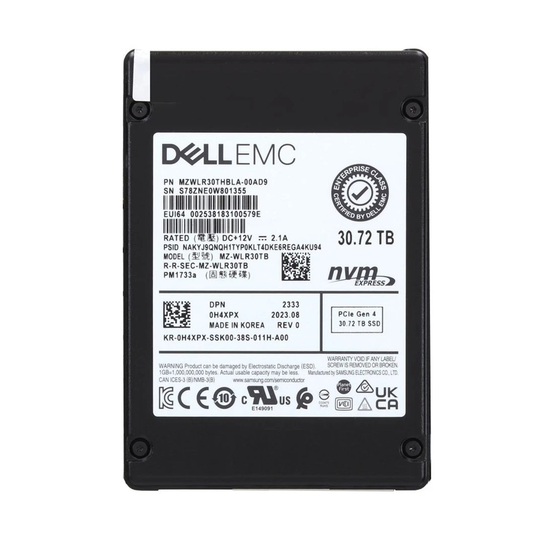 三星 PM1733a MZWLR30THBLA-00AD9 读取密集型 SSD 30.72 TB PCIe 4.0 x8 (NVMe) 戴尔 OEM |用过的