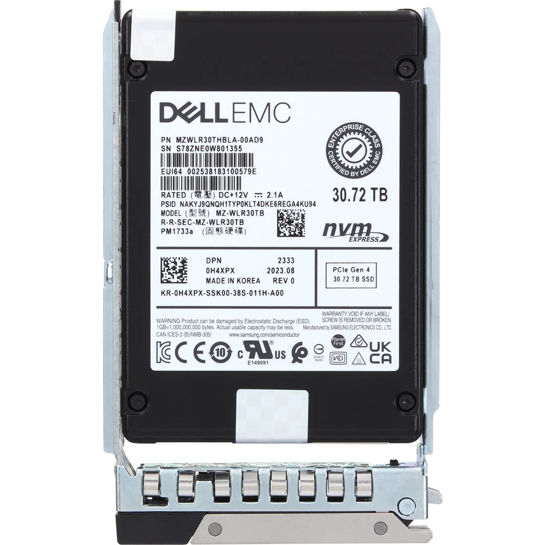 Dell H4XPX 30.72TB PCIe Gen4 NVMe 読み取り集中 QLC SED SSD (キャリア付き) |使用済み