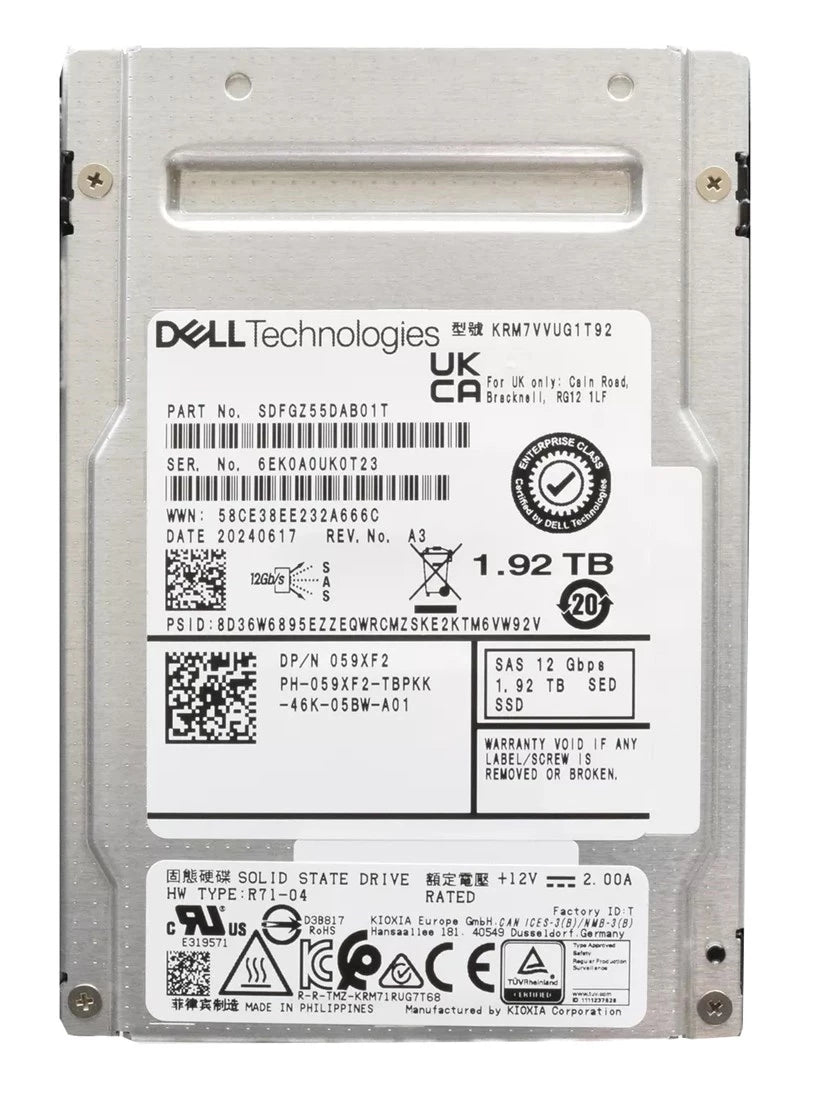 Kioxia SDFGZ55DAB01T RM7-V 1.92TB SED TLC SAS Mix Use 12Gbps 2.5inch SSD Dell OEM | USED