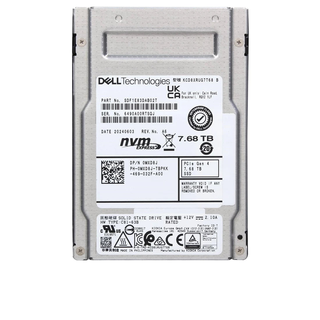 Kioxia CD8-R SDF1E83DAB02T SSD 7.68 TB U.2 Pci Express 4.0 x4 (NVMe) DELL OEM |使用済み