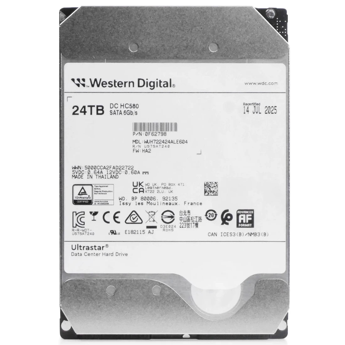 WD WUH722424ALE604 Ultrastar DC HC580 24TB SATA 6Gb/s 3.5 インチ ハード ドライブ |使用済み