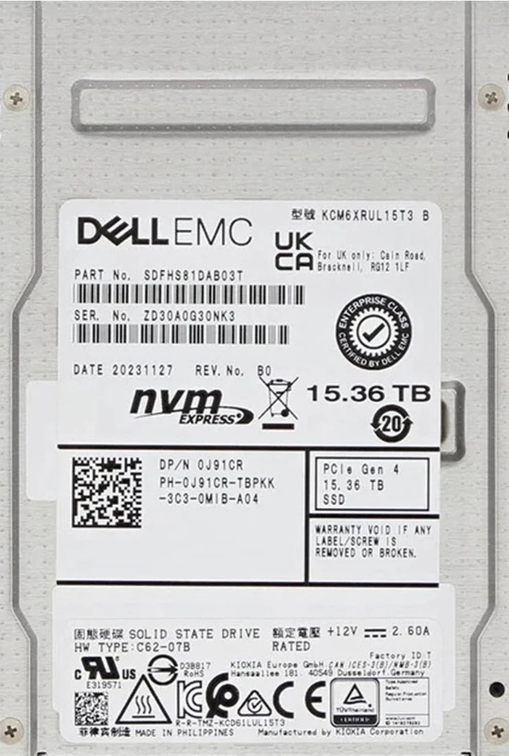 Kioxia CM6-R SDFHS81DAB03T 讀取密集型 SSD 15.36 TB PCIE 4.0 x4 (NVMe) 戴爾 OEM |用過的 主圖