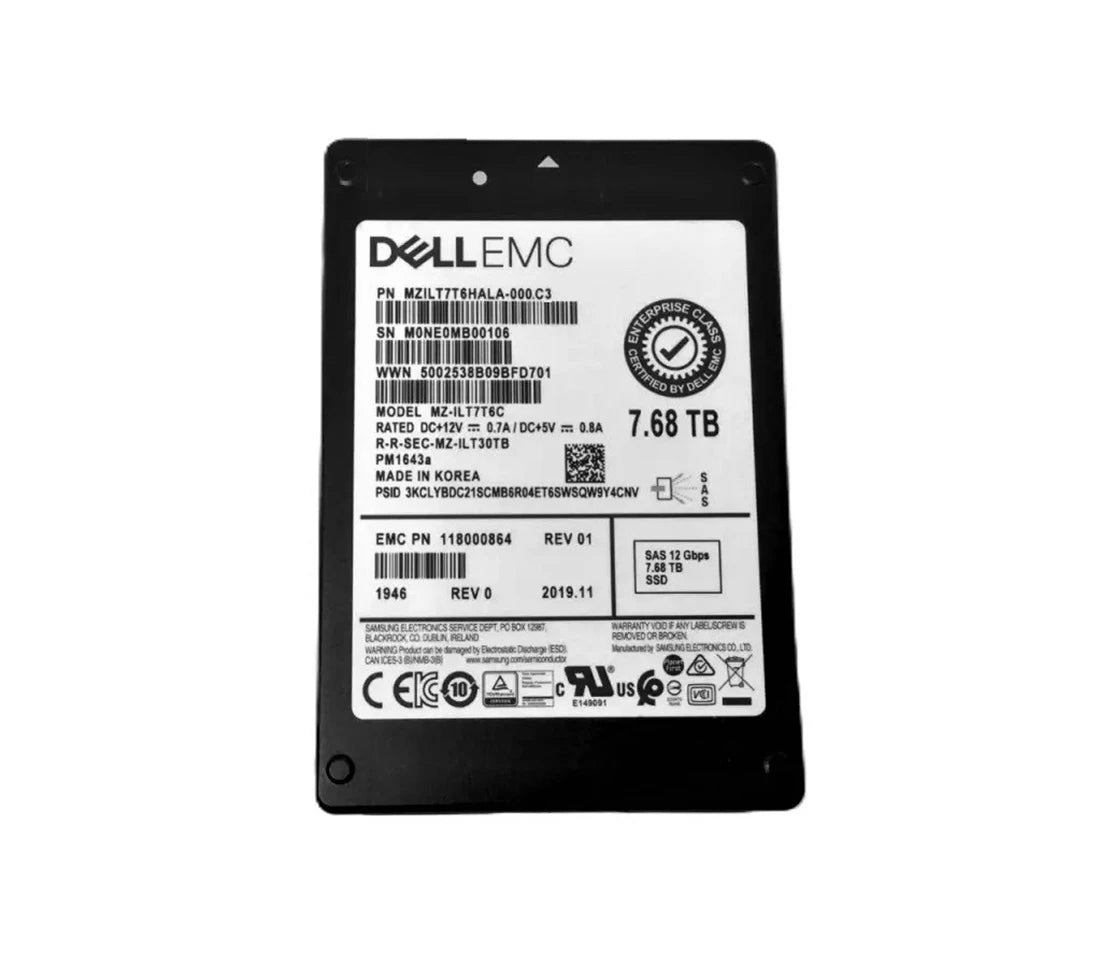 Samsung PM1643a MZILT7T6HALA-000C3 Read Intensive SSD 7.68 TB SAS 12Gb/s EMC OEM | USED