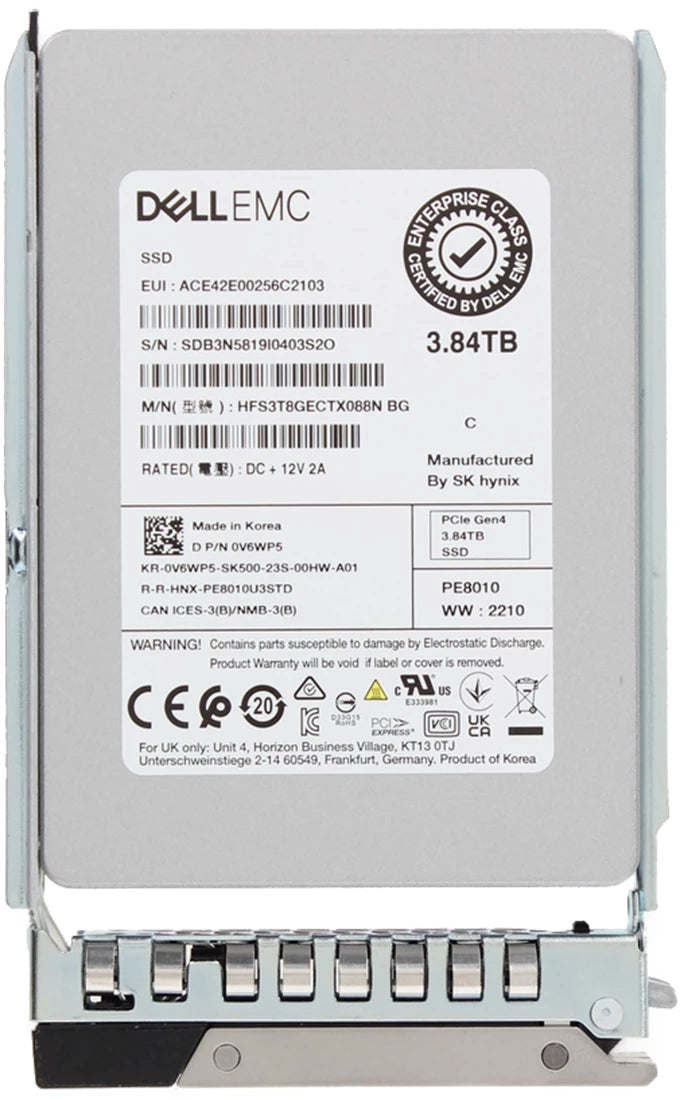 Dell V6WP5 3.84TB PCIe Gen4 NVMe 読み取り集中 U.2 SFF ドライブ |使用済み