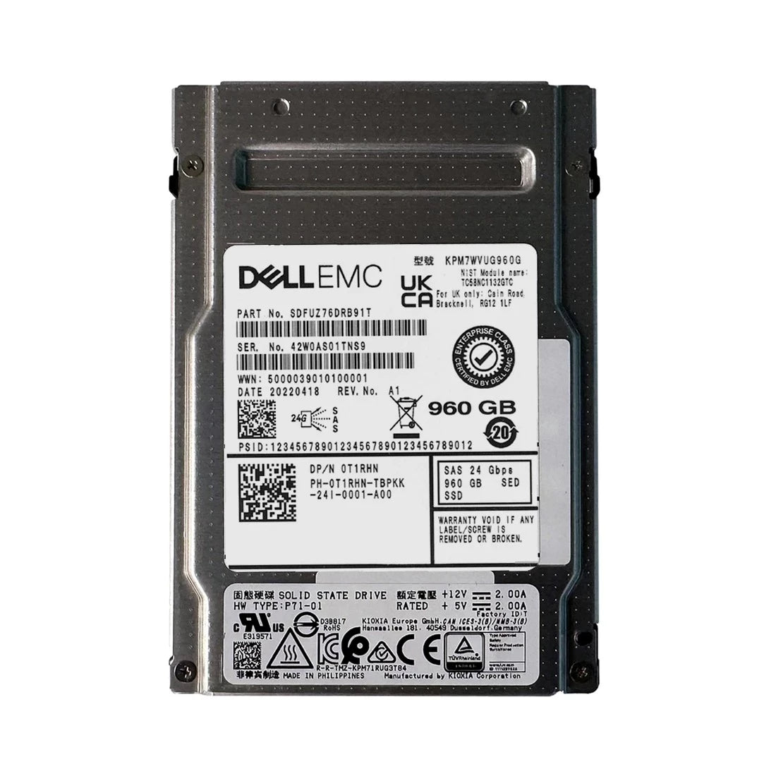 KIOXIA SDFUZ76DRB91T 960GB SED SAS-24Gbps Read-Intensive 1DWPD 2.5inch SSD Dell OEM | USED
