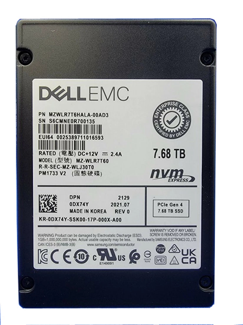 三星 PM1733 MZWLR7T6HALA-00AD3 SSD 7.68 TB Pci Express 4.0 X4 (NVMe) 戴爾 OEM |用過的