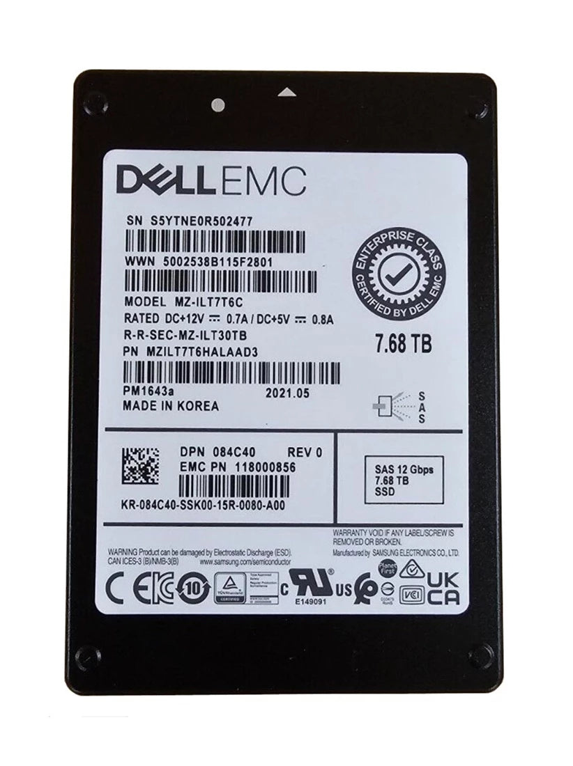 Samsung PM1643a MZ-ILT7T6C Read Intensive SSD 7.68 TB SAS 12Gb/s DELL OEM | USED