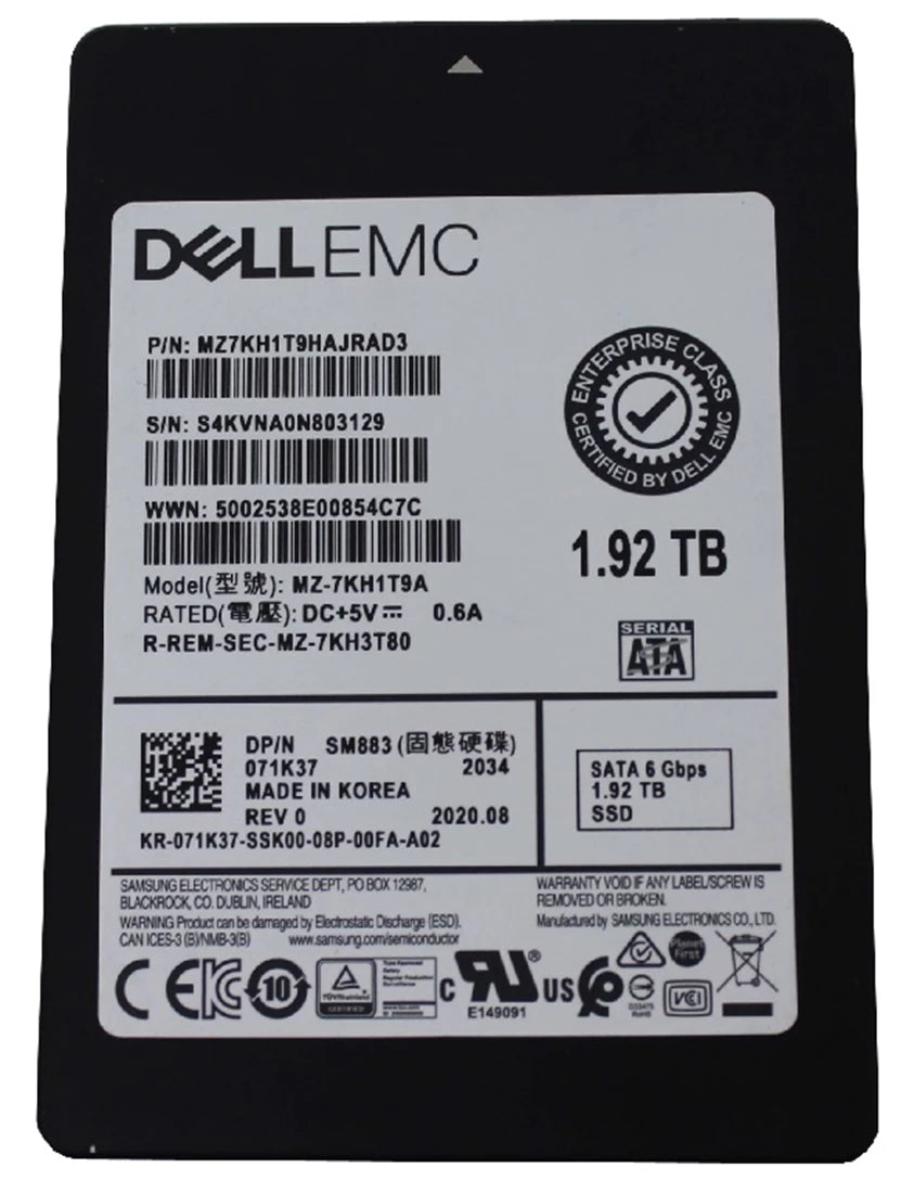 Samsung SM883 MZ7KH1T9HAJRAD3 Mixed Use SSD 1.92 TB SATA 6Gb/s DELL OEM Brand New | USED