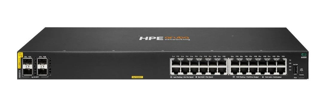 HPE R8N87B\#ABA Aruba Networking CX 6000 24p 10M/100M/1G Class4 PoE 4p SFP 1G 370W Switch | USED