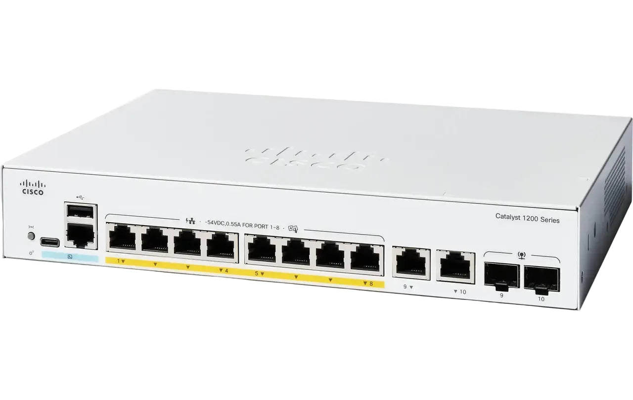 Cisco C1200-8P-E-2G Catalyst 1200 Bộ nguồn ngoài không quạt 8 cổng GbE PoE+ 67W 2x 1G SFP L3 <tc>công tắc mạng</tc> | ĐÃ QUA SỬ DỤNG