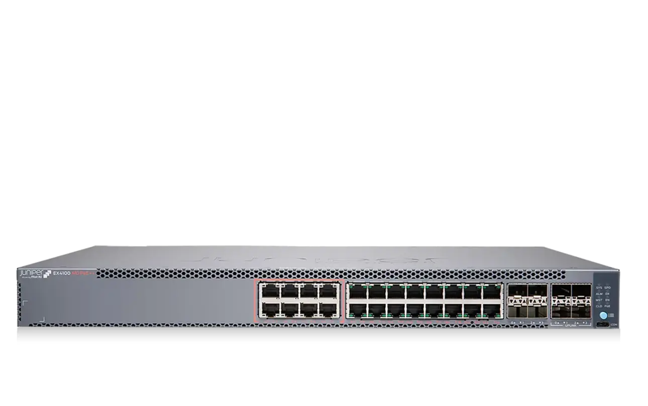 Juniper EX4100-24P EX4100 24포트 PoE+ 1440W 이중화 전원 공급 장치 4x 10G 4x 25G 이더넷 <tc>네트워크 스위치</tc> | 중고 메인 이미지