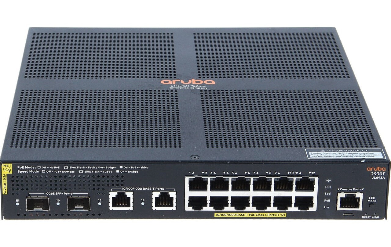 HPE Aruba JL693A 2930F 12-Port GbE PoE+ 139W 2x 10G SFP+ Half-Width Layer 3 Switch | USED Main image