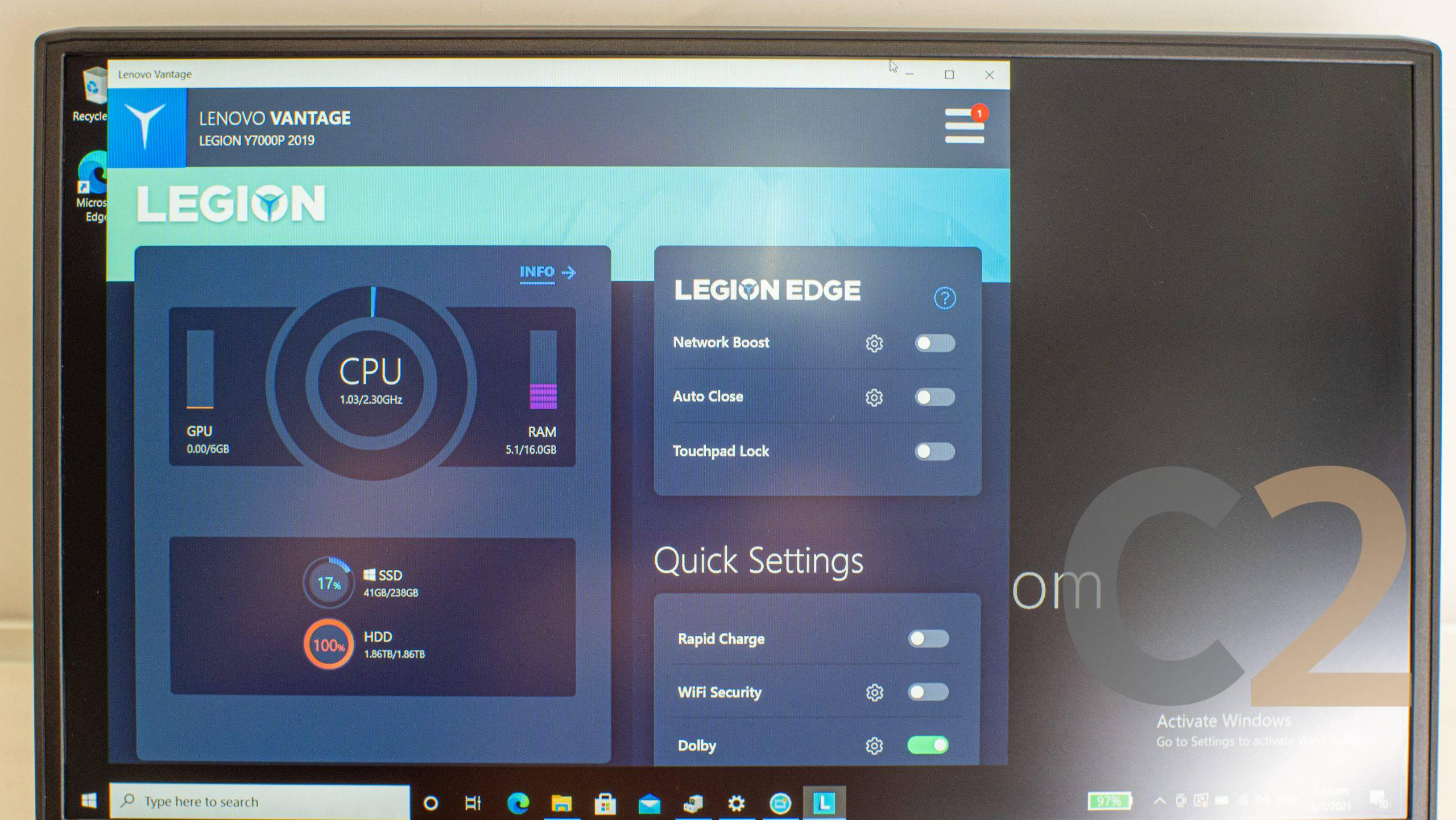 【特價二台】 LENOVO LEGION Y7000P 15.6inch i5-8300H 16G-DDR4 2666 256G-SSD M.2 PCIe + 1TB 2.5inch RTX 2060 6G 1920x1080 144Hz 電競本 99% - C2 Computer